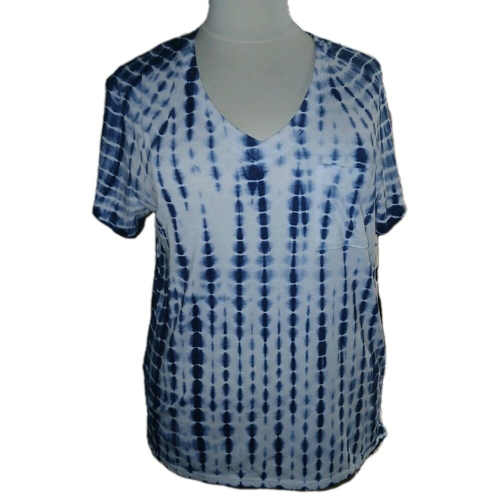 NWT SONOMA Womens L Tie Dye Print Boho Tunic Short Sleeve V Neck Navy Blue Top